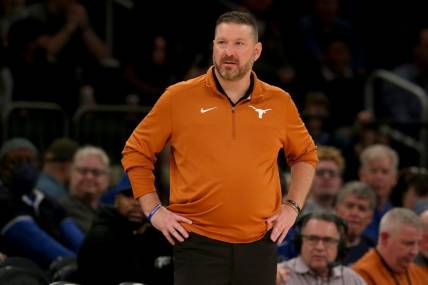 Dec 6, 2022; New York, New York, USA; Texas Longhorns head coach Chris Beard reacts as he coaches against the Illinois Fighting Illini during the second half at Madison Square Garden. Mandatory Credit: Brad Penner-USA TODAY Sports