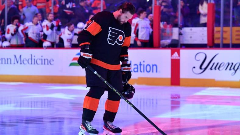 Dec 7, 2022; Philadelphia, Pennsylvania, USA; Philadelphia Flyers defenseman Ivan Provorov (9) during national against the Washington Capitals at Wells Fargo Center. Mandatory Credit: Eric Hartline-USA TODAY Sports