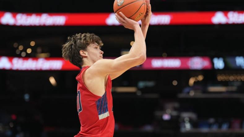 Dec 10, 2022; Phoenix, Arizona, USA; St. Mary's Gaels guard Aidan Mahaney (20) shoots against the San Diego State Aztecs during the first half at Footprint Center. Mandatory Credit: Joe Camporeale-USA TODAY Sports