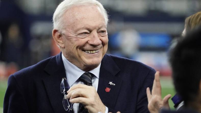 Dec 11, 2022; Arlington, Texas, USA; Dallas Cowboys owner Jerry Jones on the field prior to a game against the Houston Texans at AT&T Stadium. Mandatory Credit: Raymond Carlin III-USA TODAY Sports