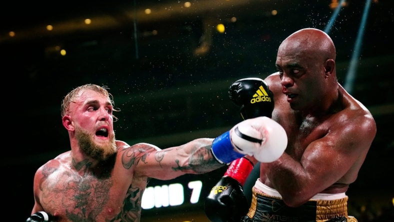 October 29, 2022; Glendale, Ariz; USA; Jake Paul throws a punch at  Anderson Silva during a bout at Desert Diamond Arena.

Best 02