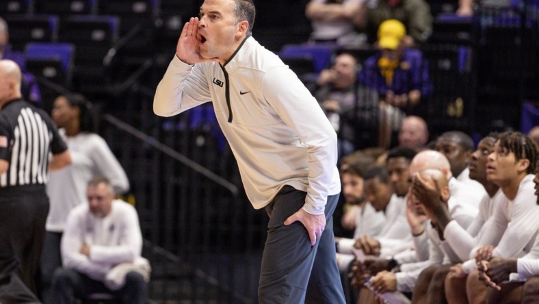 Dec 13, 2022; Baton Rouge, Louisiana, USA; LSU Tigers head coach Matt McMahon yells at his players from the bench against the North Carolina Central Eagles during the first half at Pete Maravich Assembly Center. Mandatory Credit: Stephen Lew-USA TODAY Sports