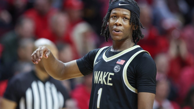 Dec 17, 2022; Piscataway, New Jersey, USA; Wake Forest Demon Deacons guard Tyree Appleby (1) reacts after being called for a foul during the second half against the Rutgers Scarlet Knights at Jersey Mike's Arena. Mandatory Credit: Vincent Carchietta-USA TODAY Sports