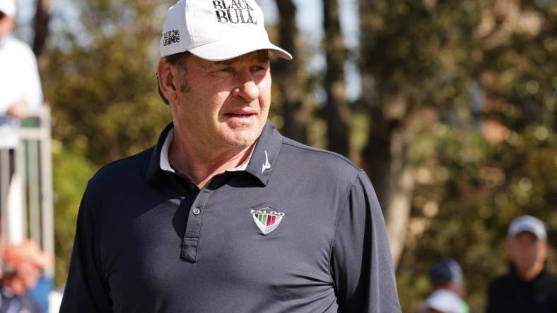 Dec 17, 2022; Orlando, Florida, USA; Sir Nick Faldo walks on the first tee during the first round of the PNC Championship golf tournament at Ritz Carlton Golf Club Grande Lakes Orlando Course. Mandatory Credit: Reinhold Matay-USA TODAY Sports