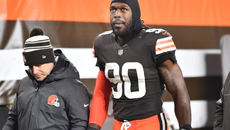 Dec 17, 2022; Cleveland, Ohio, USA; Cleveland Browns defensive end Jadeveon Clowney (90) leaves the field with an injury during the first half against the Baltimore Ravens at FirstEnergy Stadium. Mandatory Credit: Ken Blaze-USA TODAY Sports