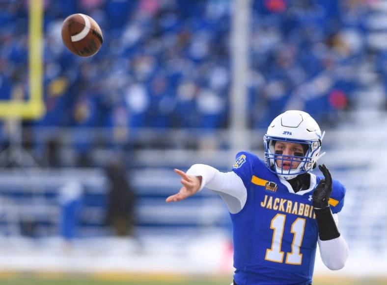 South Dakota State quarterback Mark Gronowski throws a pass while warming up before the FCS semifinal game against Montana State on Saturday, December 17, 2022, at Dana J. Dykhouse Stadium in Brookings, SD.

Fcs Semifinals 001