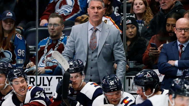 Dec 17, 2022; Denver, Colorado, USA; Colorado Avalanche head coach Jared Bednar looks on in the second period against the Nashville Predators at Ball Arena. Mandatory Credit: Isaiah J. Downing-USA TODAY Sports