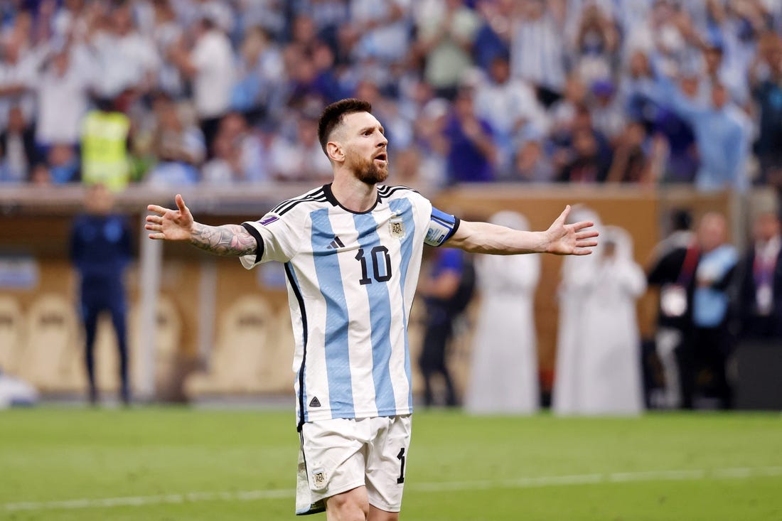 Dec 18, 2022; Lusail, Qatar; Argentina forward Lionel Messi (10) reacts after making his shot during a penalty shootout in the 2022 World Cup final at Lusail Stadium. Mandatory Credit: Yukihito Taguchi-USA TODAY Sports