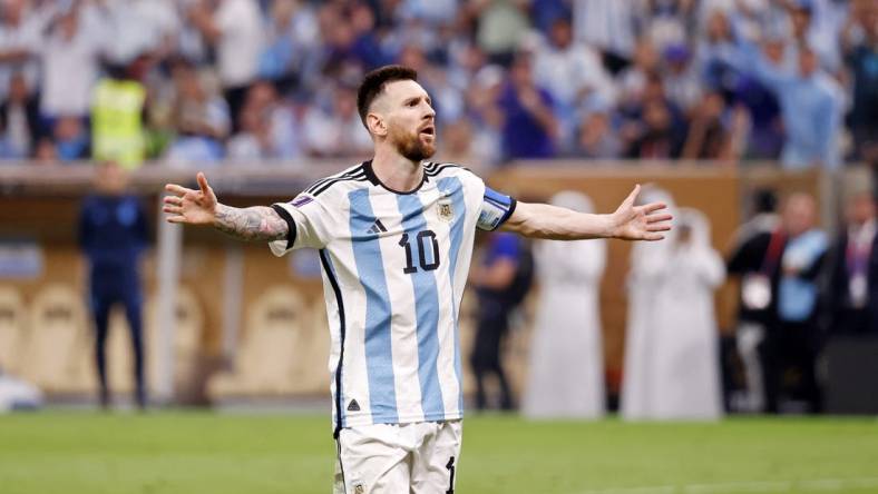 Dec 18, 2022; Lusail, Qatar; Argentina forward Lionel Messi (10) reacts after making his shot during a penalty shootout in the 2022 World Cup final at Lusail Stadium. Mandatory Credit: Yukihito Taguchi-USA TODAY Sports