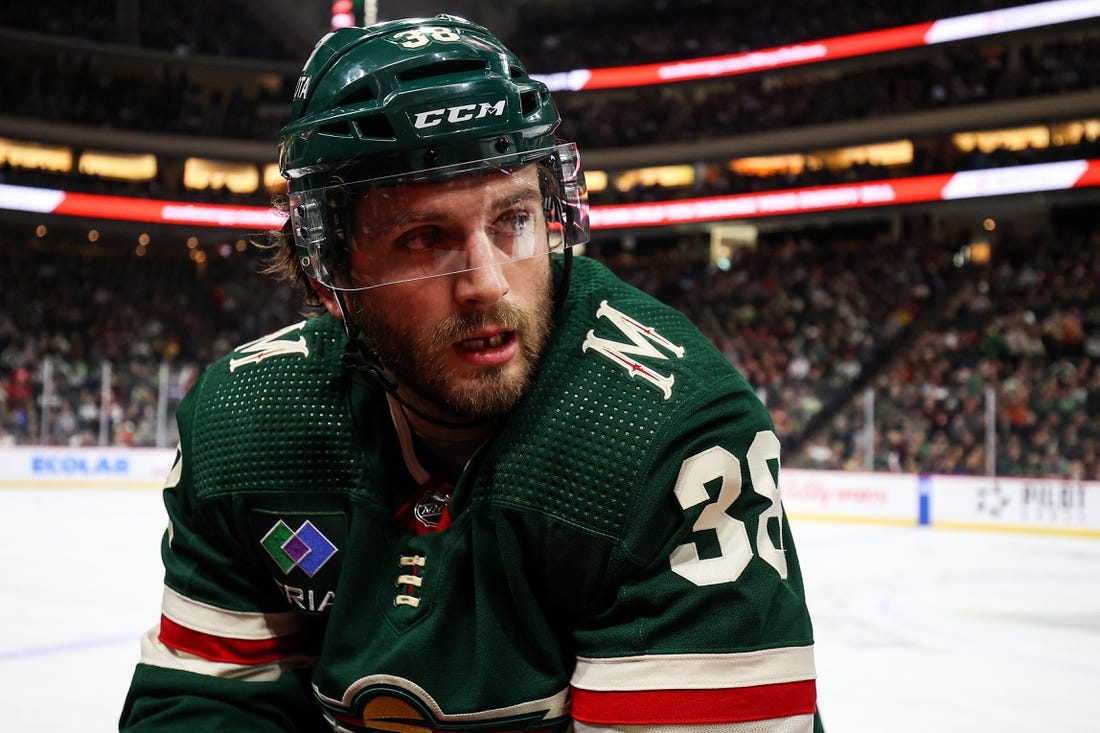 Dec 18, 2022; Saint Paul, Minnesota, USA; Minnesota Wild right wing Ryan Hartman (38) looks on during the first period against the Ottawa Senators at Xcel Energy Center. Mandatory Credit: Matt Krohn-USA TODAY Sports