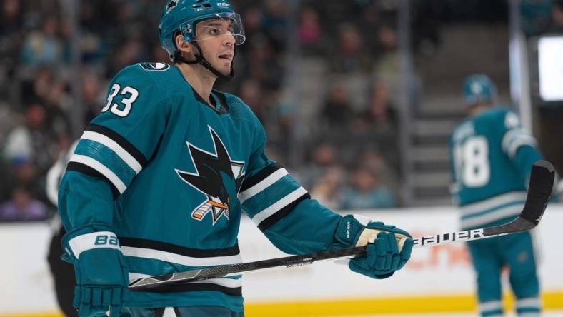 Dec 18, 2022; San Jose, California, USA;  San Jose Sharks left wing Matt Nieto (83) during the second period against the Calgary Flames at SAP Center at San Jose. Mandatory Credit: Stan Szeto-USA TODAY Sports