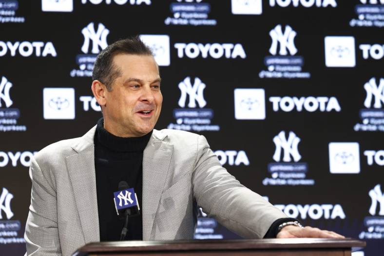 Dec 21, 2022; Bronx, New York, USA; Aaron Boone speaks during a press conference at Yankee Stadium. Mandatory Credit: Jessica Alcheh-USA TODAY Sports