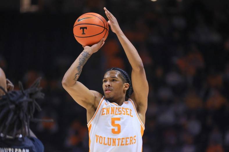 Dec 21, 2022; Knoxville, Tennessee, USA; Tennessee Volunteers guard Zakai Zeigler (5) shoots the ball against the Austin Peay Governors at Thompson-Boling Arena. Mandatory Credit: Randy Sartin-USA TODAY Sports