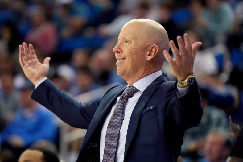 Dec 21, 2022; Los Angeles, California, USA; UCLA Bruins head coach Mick Cronin reacts against the UC Davis Aggies in the second half at Pauley Pavilion presented by Wescom. Mandatory Credit: Kirby Lee-USA TODAY Sports