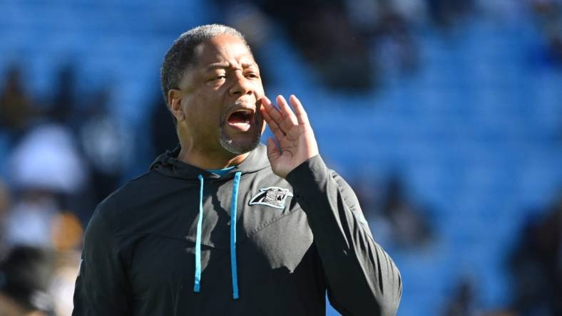 Dec 18, 2022; Charlotte, North Carolina, USA; Carolina Panthers head coach Steve Wilks during warm ups at Bank of America Stadium. Mandatory Credit: Bob Donnan-USA TODAY Sports