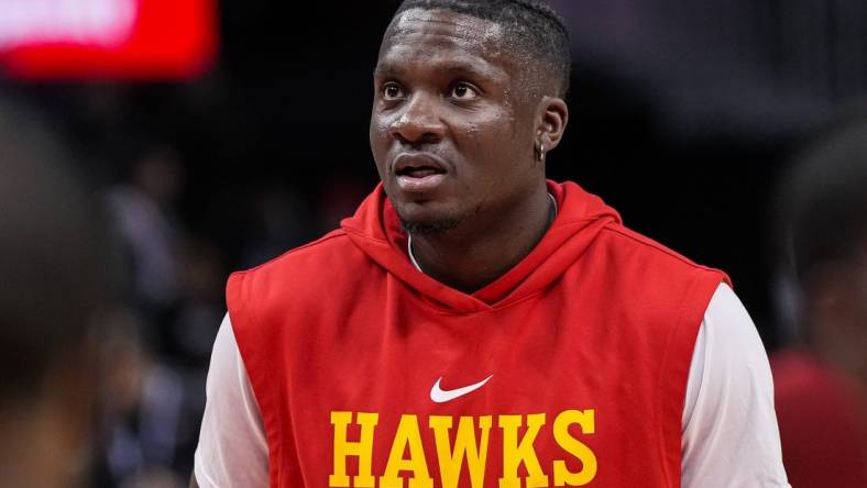 Dec 23, 2022; Atlanta, Georgia, USA; Atlanta Hawks center Clint Capela (15) on the court prior to the game against the Detroit Pistons at State Farm Arena. Mandatory Credit: Dale Zanine-USA TODAY Sports