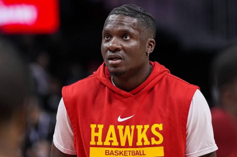 Dec 23, 2022; Atlanta, Georgia, USA; Atlanta Hawks center Clint Capela (15) on the court prior to the game against the Detroit Pistons at State Farm Arena. Mandatory Credit: Dale Zanine-USA TODAY Sports