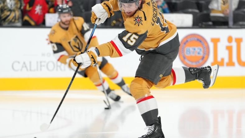 Dec 23, 2022; Las Vegas, Nevada, USA; Vegas Golden Knights center Jake Leschyshyn (15) warms up before the start of a game against the St. Louis Blues at T-Mobile Arena. Mandatory Credit: Stephen R. Sylvanie-USA TODAY Sports