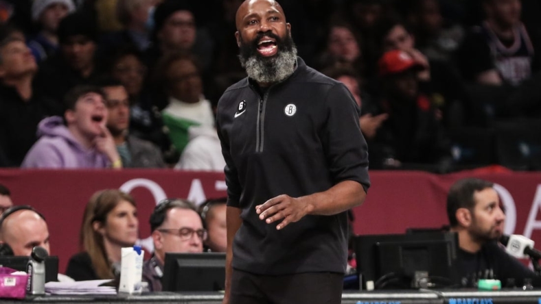 Dec 23, 2022; Brooklyn, New York, USA;  Brooklyn Nets head coach Jacque Vaughn yells out instructions in the fourth quarter against the Milwaukee Bucks at Barclays Center. Mandatory Credit: Wendell Cruz-USA TODAY Sports