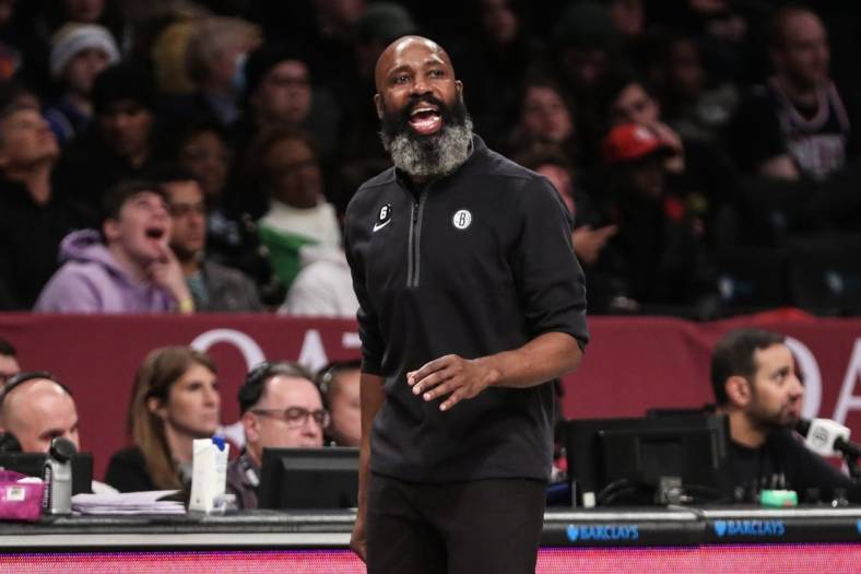 Dec 23, 2022; Brooklyn, New York, USA;  Brooklyn Nets head coach Jacque Vaughn yells out instructions in the fourth quarter against the Milwaukee Bucks at Barclays Center. Mandatory Credit: Wendell Cruz-USA TODAY Sports