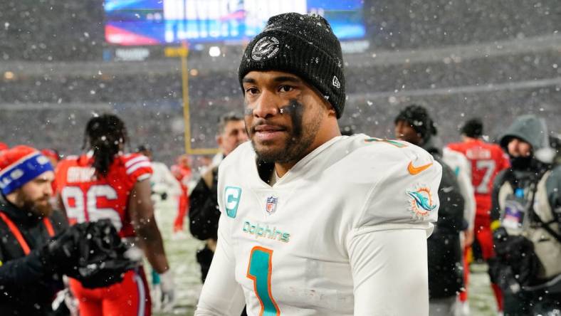 Dec 17, 2022; Orchard Park, New York, USA; Miami Dolphins quarterback Tua Tagovailoa (1) after the game against the Buffalo Bills at Highmark Stadium. Mandatory Credit: Gregory Fisher-USA TODAY Sports