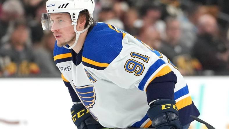 Dec 23, 2022; Las Vegas, Nevada, USA; St. Louis Blues right wing Vladimir Tarasenko (91) awaits a faceoff against the Vegas Golden Knights during the third period at T-Mobile Arena. Mandatory Credit: Stephen R. Sylvanie-USA TODAY Sports