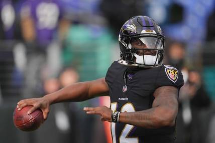Dec 24, 2022; Baltimore, Maryland, USA; Baltimore Ravens quarterback Anthony Brown (12) warms up prior to the game against the Atlanta Falcons at M&T Bank Stadium. Mandatory Credit: Mitch Stringer-USA TODAY Sports