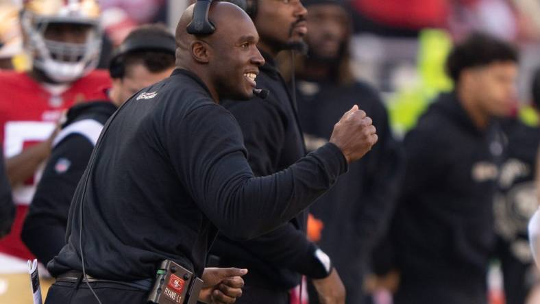 Dec 24, 2022; Santa Clara, California, USA;  San Francisco 49ers defensive coordinator DeMeco Ryans reacts during the third quarter against the Washington Commanders at Levi's Stadium. Mandatory Credit: Stan Szeto-USA TODAY Sports