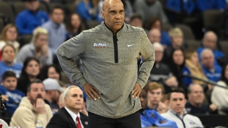 Dec 25, 2022; Omaha, Nebraska, USA; DePaul Blue Demons head coach Tony Stubblefield watches action against the Creighton Bluejays in the first half at CHI Health Center Omaha. Mandatory Credit: Steven Branscombe-USA TODAY Sports