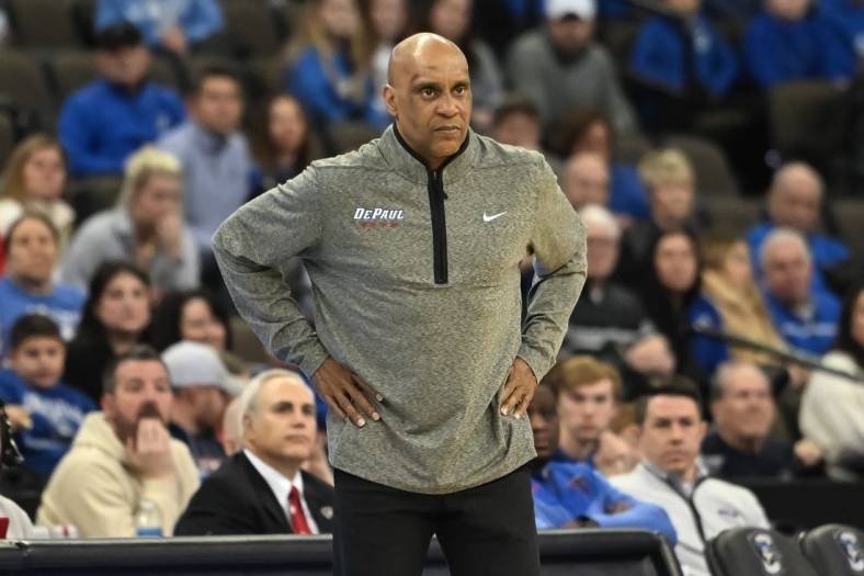 Dec 25, 2022; Omaha, Nebraska, USA; DePaul Blue Demons head coach Tony Stubblefield watches action against the Creighton Bluejays in the first half at CHI Health Center Omaha. Mandatory Credit: Steven Branscombe-USA TODAY Sports