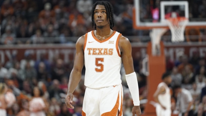 Dec 27, 2022; Austin, Texas, USA; Texas Longhorns guard Marcus Carr (5) during the first half against the Texas A&M-Commerce Lions at Moody Center. Mandatory Credit: Scott Wachter-USA TODAY Sports