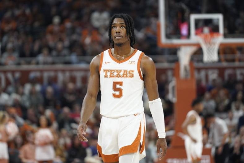 Dec 27, 2022; Austin, Texas, USA; Texas Longhorns guard Marcus Carr (5) during the first half against the Texas A&M-Commerce Lions at Moody Center. Mandatory Credit: Scott Wachter-USA TODAY Sports