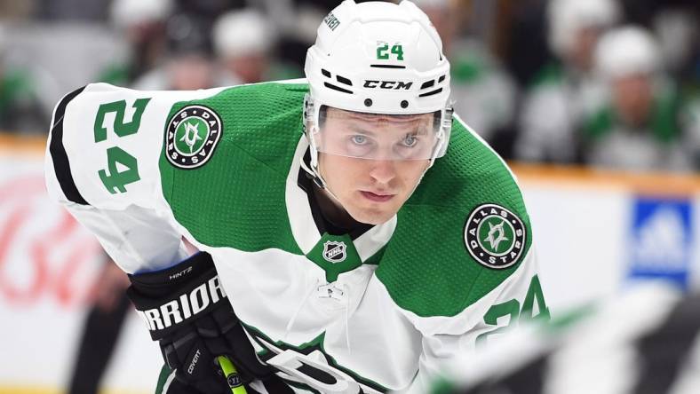 Dec 27, 2022; Nashville, Tennessee, USA; Dallas Stars center Roope Hintz (24) waits for a face off during the second period against the Nashville Predators at Bridgestone Arena. Mandatory Credit: Christopher Hanewinckel-USA TODAY Sports