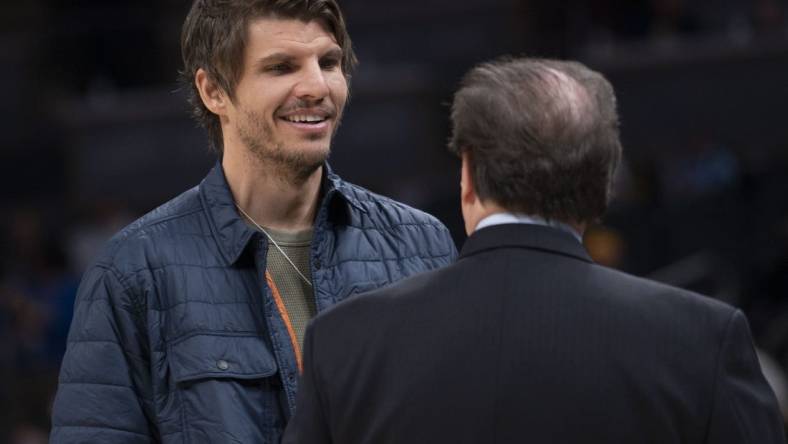 Dec 27, 2022; Indianapolis, Indiana, USA; Atlanta Hawk former player Kyle Korver looks on before the gam at Gainbridge Fieldhouse. Mandatory Credit: Armond Feffer-USA TODAY Sports