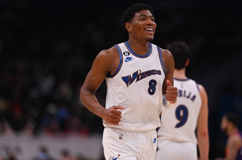 Dec 28, 2022; Washington, District of Columbia, USA;  Washington Wizards forward Rui Hachimura (8) reacts during the second half against the Phoenix Suns at Capital One Arena. Mandatory Credit: Tommy Gilligan-USA TODAY Sports