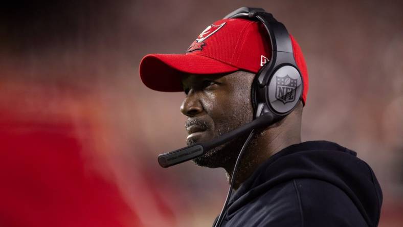 Dec 25, 2022; Glendale, Arizona, USA; Tampa Bay Buccaneers head coach Todd Bowles against the Arizona Cardinals at State Farm Stadium. Mandatory Credit: Mark J. Rebilas-USA TODAY Sports