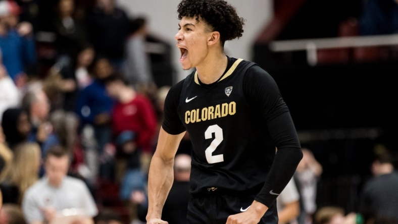 Dec 29, 2022; Stanford, California, USA; Colorado Buffaloes guard KJ Simpson (2) reacts after defeating the Stanford Cardinal at Maples Pavilion. Mandatory Credit: John Hefti-USA TODAY Sports