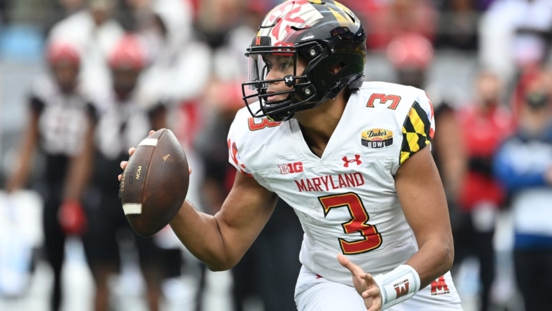 Dec 30, 2022; Charlotte, NC, USA; Maryland Terrapins quarterback Taulia Tagovailoa (3) looks to pass in the second quarter in the 2022 Duke's Mayo Bowl at Bank of America Stadium. Mandatory Credit: Bob Donnan-USA TODAY Sports