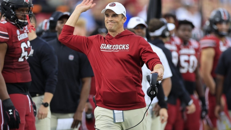 South Carolina Gamecocks head coach Shane Beamer reacts to a score during the first quarter of the TaxSlayer Gator Bowl of an NCAA college football game Friday, Dec. 30, 2022 at TIAA Bank Field in Jacksonville. [Corey Perrine/Florida Times-Union]

Jki 123022 Ncaaf Nd Usc Cp 10