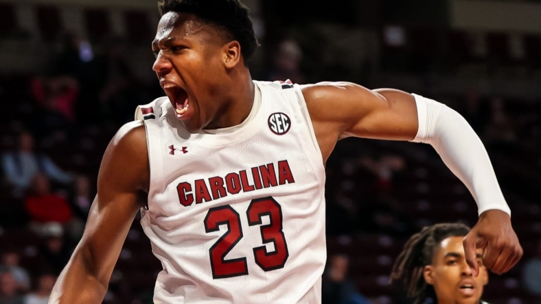 Dec 30, 2022; Columbia, South Carolina, USA; South Carolina Gamecocks forward Gregory Jackson II (23) reacts after dunking against the Eastern Michigan Eagles in the first half at Colonial Life Arena. Mandatory Credit: Jeff Blake-USA TODAY Sports