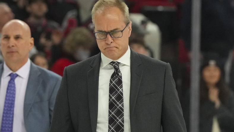 Dec 30, 2022; Raleigh, North Carolina, USA; Florida Panthers head coach Paul Maurice comes off the ice after the game against the Carolina Hurricanes at PNC Arena. Mandatory Credit: James Guillory-USA TODAY Sports