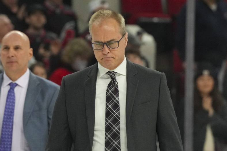 Dec 30, 2022; Raleigh, North Carolina, USA; Florida Panthers head coach Paul Maurice comes off the ice after the game against the Carolina Hurricanes at PNC Arena. Mandatory Credit: James Guillory-USA TODAY Sports