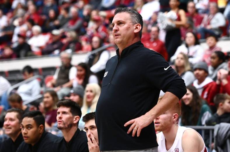 Dec 30, 2022; Pullman, Washington, USA; Washington State Cougars head coach Kyle Smith looks on against the UCLA Bruins in the first half at Friel Court at Beasley Coliseum. Mandatory Credit: James Snook-USA TODAY Sports