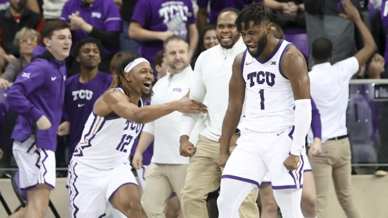Dec 31, 2022; Fort Worth, Texas, USA;  TCU Horned Frogs guard Mike Miles Jr. (1) reacts after scoring during the second half against the Texas Tech Red Raiders at Ed and Rae Schollmaier Arena. Mandatory Credit: Kevin Jairaj-USA TODAY Sports