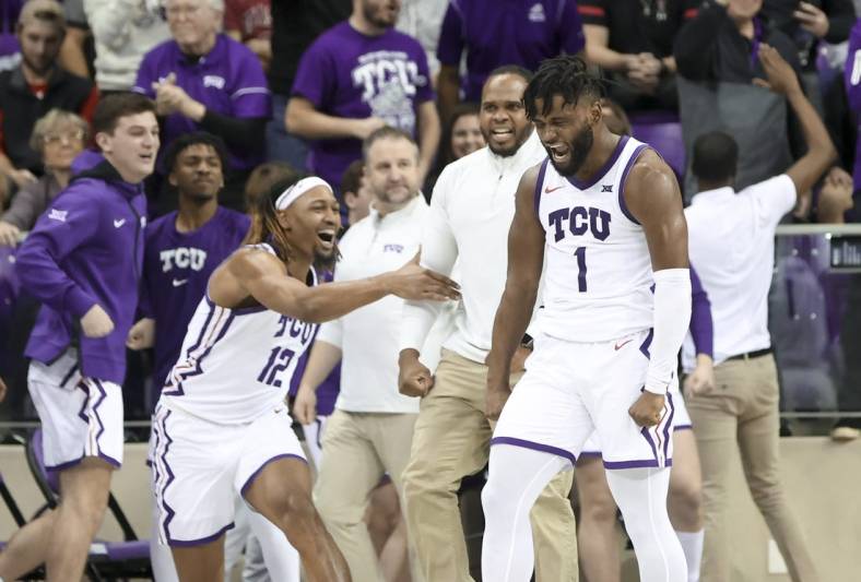 Dec 31, 2022; Fort Worth, Texas, USA;  TCU Horned Frogs guard Mike Miles Jr. (1) reacts after scoring during the second half against the Texas Tech Red Raiders at Ed and Rae Schollmaier Arena. Mandatory Credit: Kevin Jairaj-USA TODAY Sports