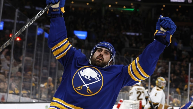 Dec 31, 2022; Boston, Massachusetts, USA; Buffalo Sabres right wing Alex Tuch (89) celebrates his game winning goal against the Boston Bruins during overtime at TD Garden. Mandatory Credit: Winslow Townson-USA TODAY Sports
