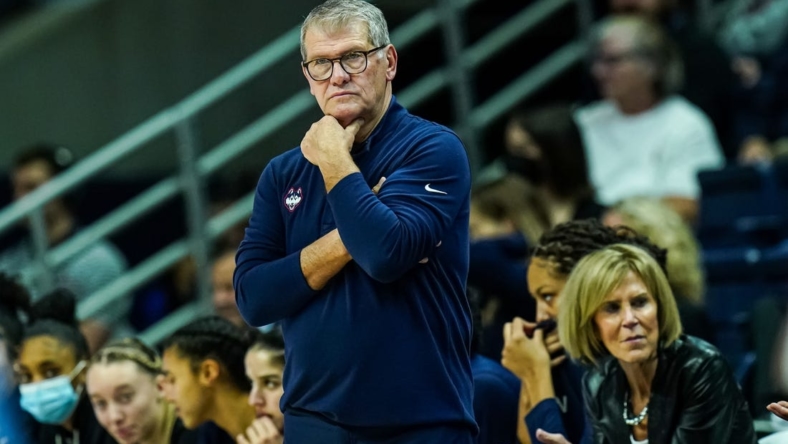 Dec 31, 2022; Storrs, Connecticut, USA; UConn Huskies head coach Geno Auriemma watches from the sideline as they take on the Marquette Golden Eagles at Harry A. Gampel Pavilion. Mandatory Credit: David Butler II-USA TODAY Sports