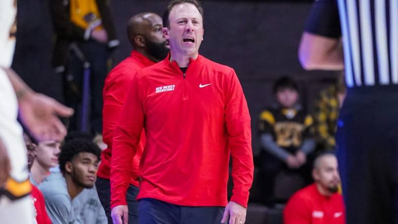 Dec 31, 2022; Laramie, Wyoming, USA; New Mexico Lobos head coach Richard Pitino reacts during the first half against the Wyoming Cowboys at Arena-Auditorium. Mandatory Credit: Troy Babbitt-USA TODAY Sports