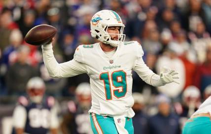 Jan 1, 2023; Foxborough, Massachusetts, USA; Miami Dolphins quarterback Skylar Thompson (19) throws a pass against the New England Patriots in the second half at Gillette Stadium. Mandatory Credit: David Butler II-USA TODAY Sports
