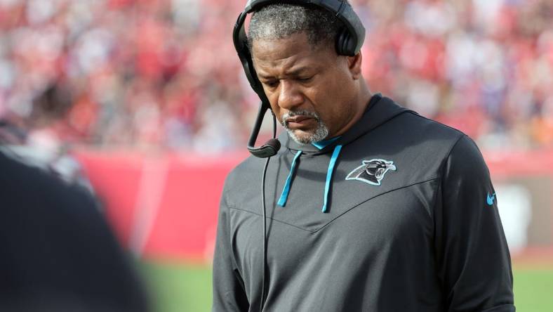 Jan 1, 2023; Tampa, Florida, USA; Carolina Panthers interm head coach Steve Wilks during the second half at Raymond James Stadium. Mandatory Credit: Kim Klement-USA TODAY Sports